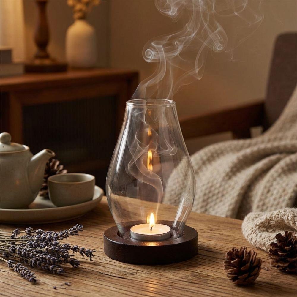 Base in Legno Massello Portacandele in Vetro Lampada per Incenso Trasparente Ambiente Interno