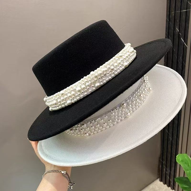 Celebrity Style Pearl Woolen Top Hat Female Autumn and Winter Elegant Fashion Retro Hepburn Style Flat Top Hat Autumn and Winter England