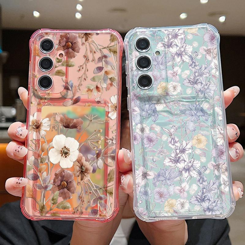 Transparent Flowers Pattern Phone Case For Samsung Galaxy S26 S25 S24 S23 S22 Ultra S25 Edge S24 FE Clear Card Bag Wallet Cover