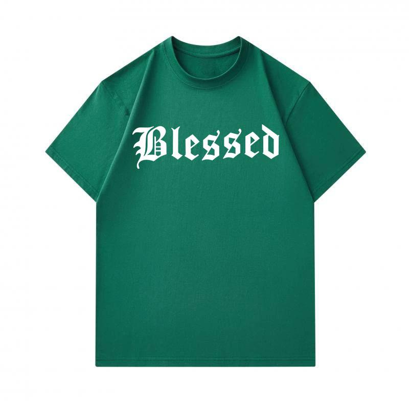 Men's 100% Cotton Crew Neck Short Sleeve T-Shirt, Casual Blessed Gothic Letter Print Breathable Soft Daily Wear Tees for Men Streetwear Fashion Comfy