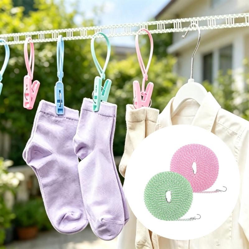 Laundry Line 2 Pack, Braided PE Portable Clothesline With Metal End Fittings for Clothes and Towels During Household, Travel or Outdoor Stays