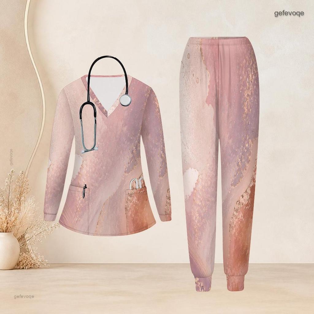 Women Plus Size Pink Printed Nurse Scrub Set V Neck Long Sleeve Pocket Top And Long Pants
