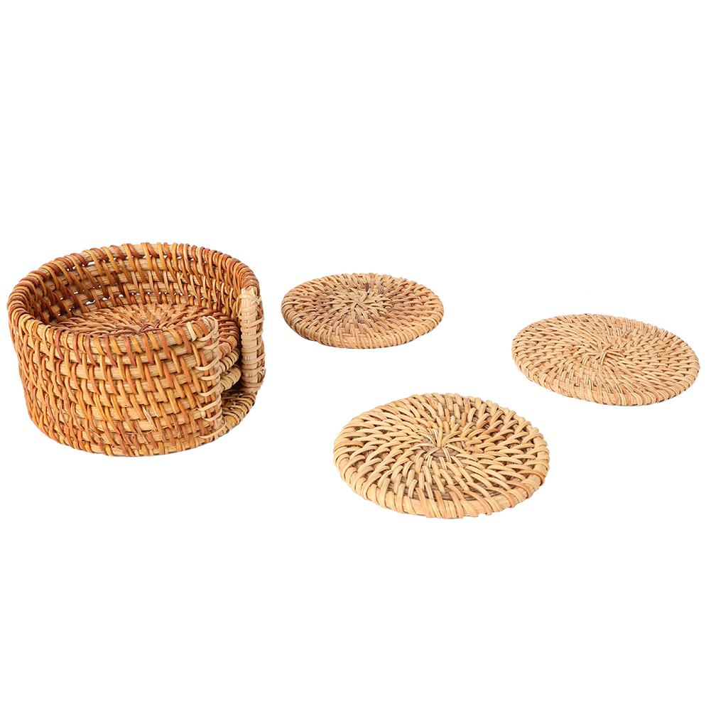 ZK50 6pcs Vintage Rattan Drinks Tea Cup Mats Coasters Round Teapot Insulation Mat Decoration
