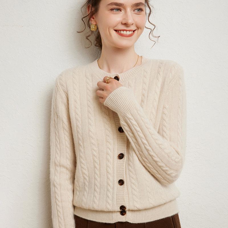 Women's Slimming Cable Knit Cashmere Cardigan - Long Sleeve, Warm, Round Neck, Single-Breasted