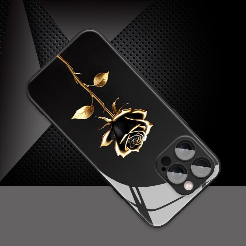 Black Gold Rose Patterned Glass Phone Case Suitable for iPhone 17 16 15 14 13 12 11 Pro/Max/Plus Anti Drop and Shockproof