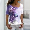 Fashion Women's Asymmetric V-neck T-shirt Spring and Summer Ladies 3D Short-sleeved Top