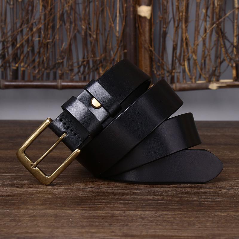 Belt Men's Wide Pure Brass Buckle Leather Pin Buckle First Layer Pure Cattlehide Stylish Simple and Versatile Casual Pants Belt