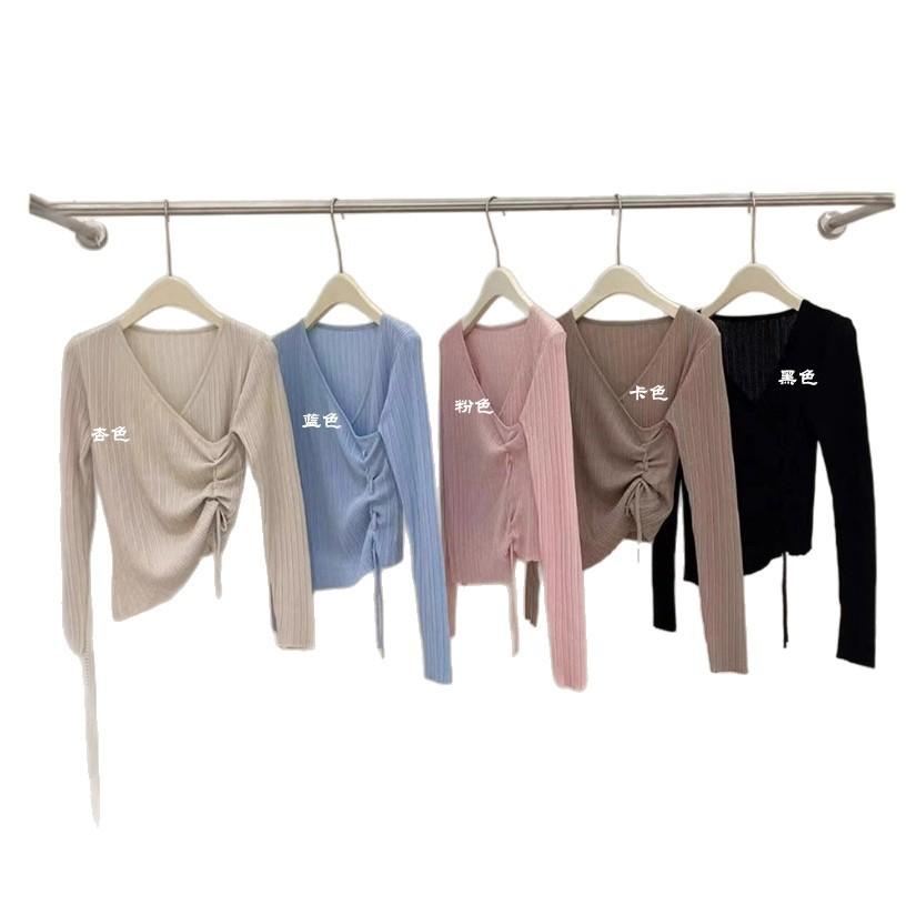 Autumn Pink V-neck Knitted Sweater Women's New Women's Clothing Slim-fit Irregular Long-sleeved Shirt