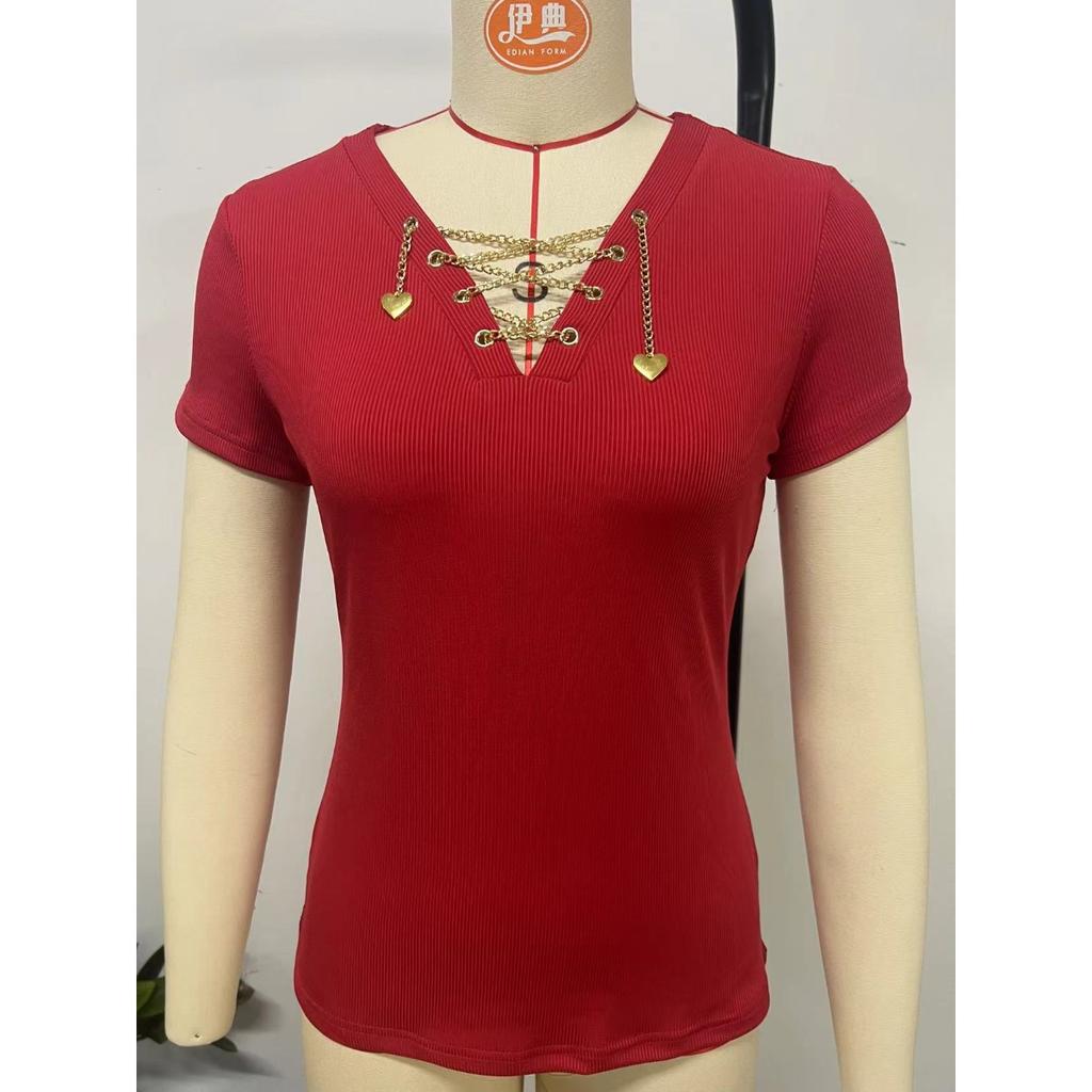Women's Casual V-Neck T-Shirt | Golden Metal Chain Detail | Slim Fit Short Sleeve | Machine Washable & Dry Clean Safe | Spring/Summer Collection