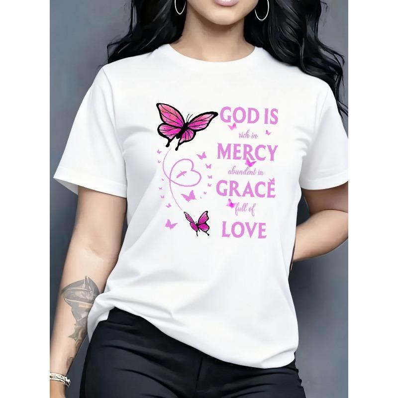 Women Floral Butterfly Print T-Shirt Short Sleeve Casual Elegant Stylish Trendy Daily Wear Top S белый