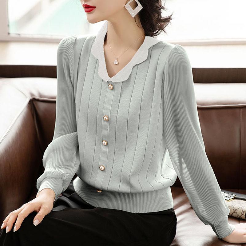 

Весенне-осенняя элегантность, модный трикотажный свитер высокого класса с V-образным вырезом, сшивной, с жемчужной пряжкой, повседневный, свободного кроя, универсальный, с цветными блоками XXXL серый