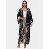 Beach Kimono Cover Ups for Women Plus Size Black Peacock Printed Summer Holiday Bathing Suits with Belt