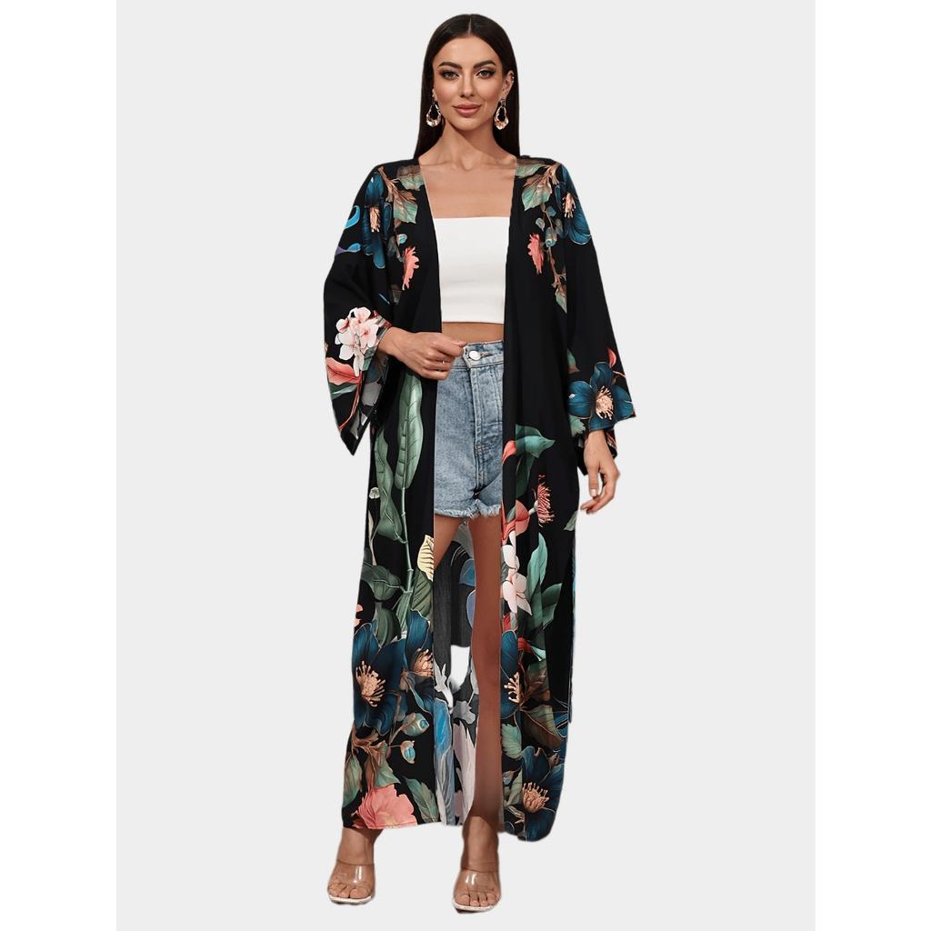 Beach Kimono Cover Ups for Women Plus Size Black Peacock Printed Summer Holiday Bathing Suits with Belt