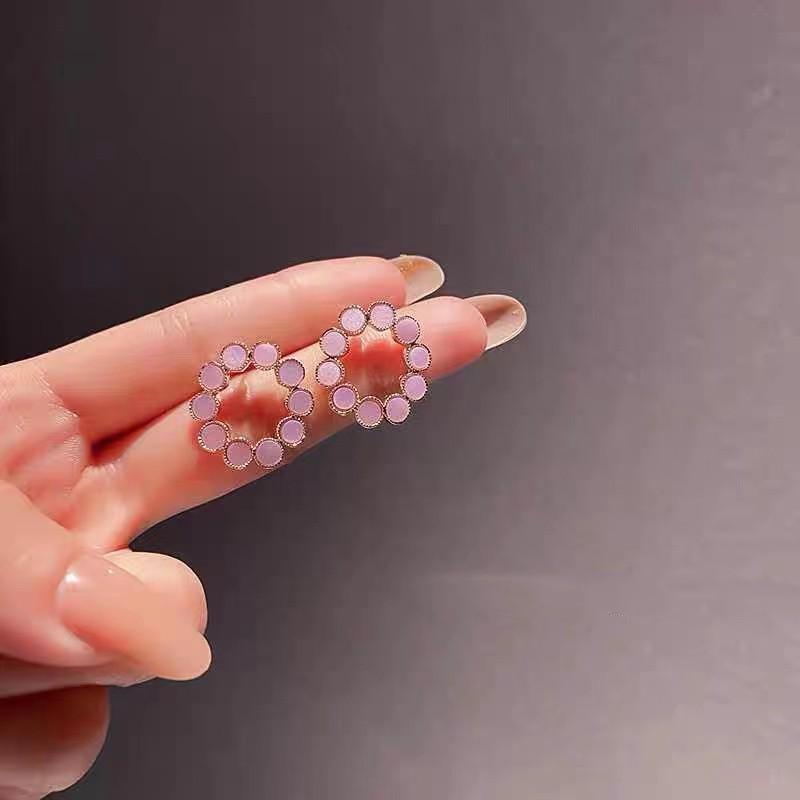 S925 Silver Needle Pink Purple Round Stud Earrings: High-End Spring 2023 Jewelry Trend for Women