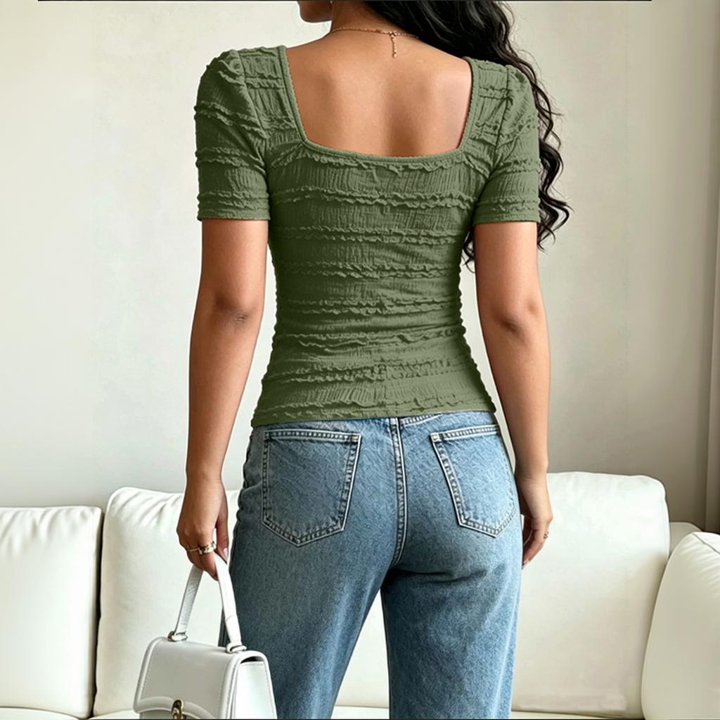 Women's Casual Solid Button Front Square Neck Short Sleeve T-Shirt Top Slim Fit Lightweight Stretchy Fabric