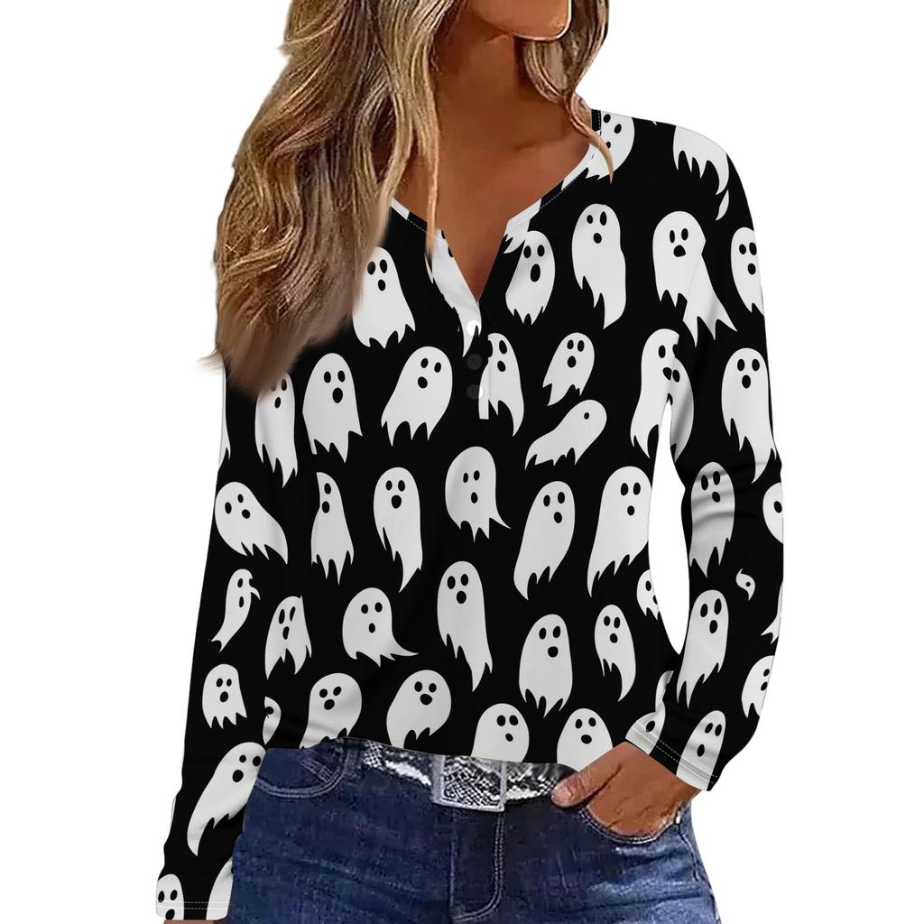 Women's Fashion Casual Halloween Printed V-Neck Button Trim Long Sleeve T-Shirt Top