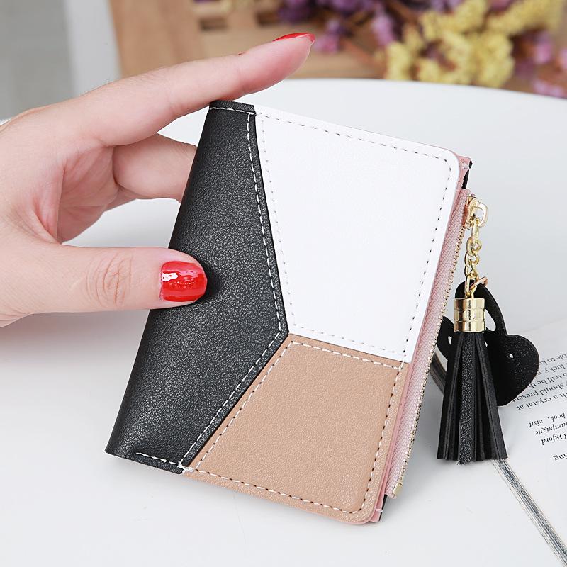 

Women s Patchwork Wallet with Tassel and Cartoon Charm - Compact Snap Button Zipper Coin Purse розовый
