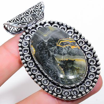 Natural Bumble Bee Jasper Gemstone 925 Sterling Silver Pendant 2.48" E0b97