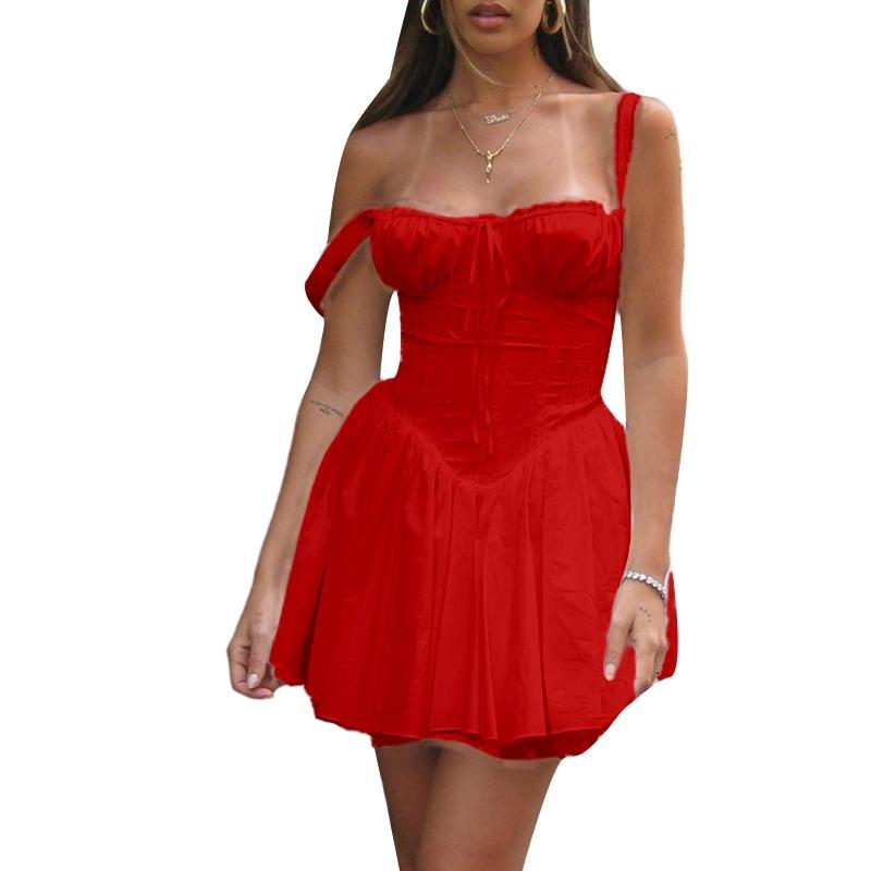 Summer Vintage Backless Sexy Dress Women High Waist Slim Solid Lace Party Casual Dresses Women Fashion A Line Sleeveless Dress Female Clothing 26094