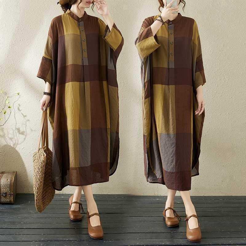 Summer New Temperament Literary Retro Printed Lapel Loose Large Size Vacation Dresses