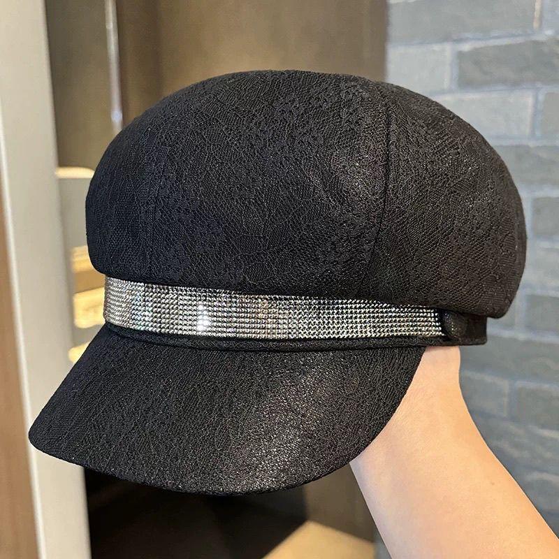 New Rhinestone Webbing Octagonal Hat Children's Spring and Summer Mesh Lace Breathable Duck Tongue Beret