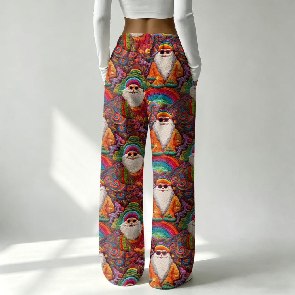 Pantaloni casual largi pentru femei cu imprimeu de Crăciun