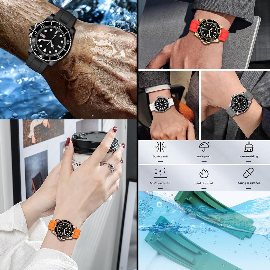 Juntan FKM Rubber Watch Band for Men and 20mm and Classic Rolex Style with Folding Clasp Women, 22mm,