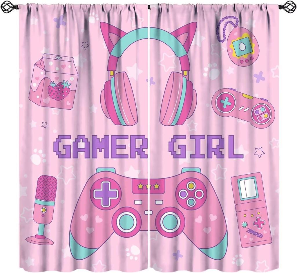 Cool Game Curtains For Boys Bedroom, Green Blue Flame Video Game Graffiti Game Controller Outer Space Stars Print Window Drapes