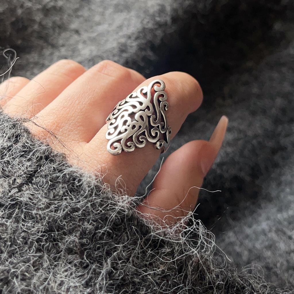 925 Sterling Silver Rings For Women Geometric Fine Jewelry Finger Adjustable Simple Retro Flower Ring For Party Birthday Gift
