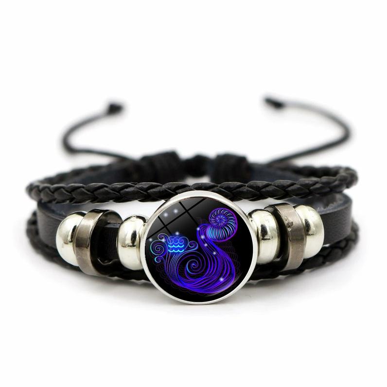 12 Sternbilder Sternzeichen Schwarzes geflochtenes Lederarmband Krebs Löwe Jungfrau Waage Gewebtes Glaskuppelschmuck Punk Herrenarmband