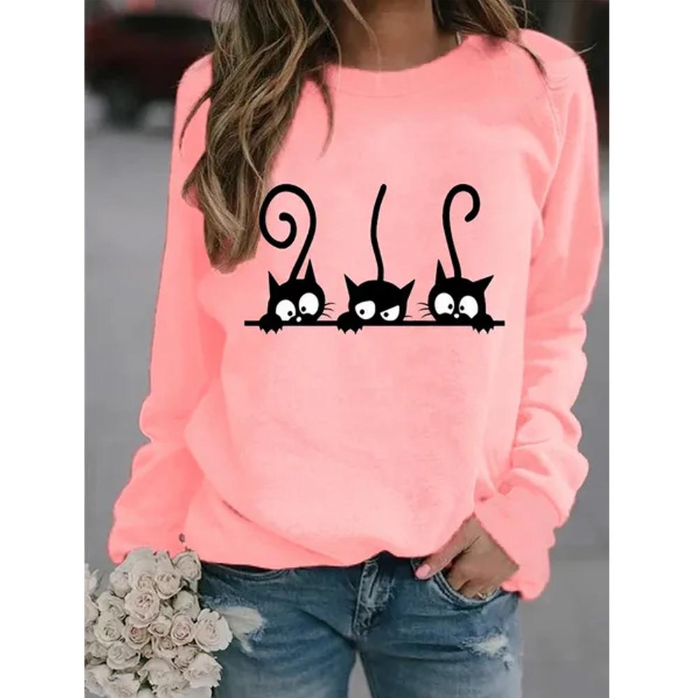 

Женские зимние новые модные повседневные свободные толстовки с длинными рукавами и круглым вырезом, черные кошки с принтом, топы и блузки, футболки больших размеров 8XL