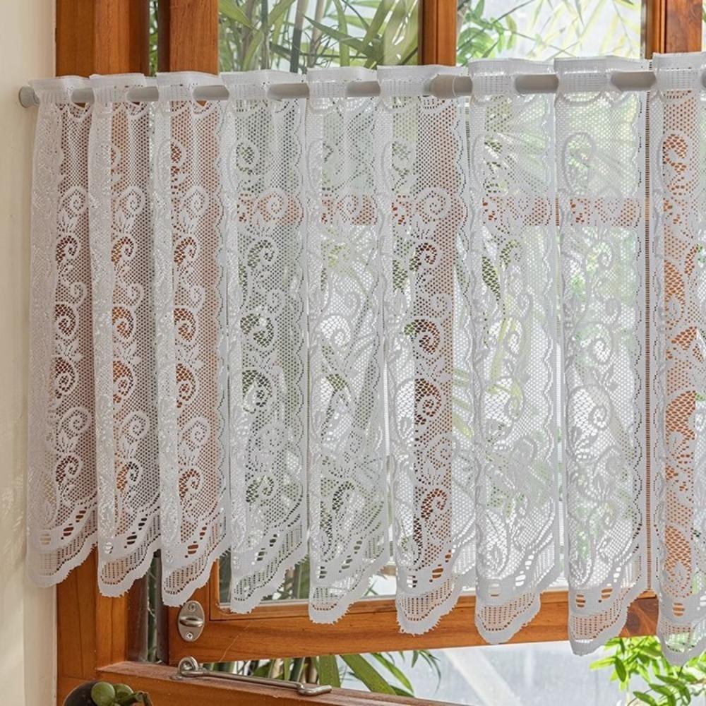 Translucent White Lace Short Window Sheer Floral Embroidery Partition Short Valance  Bay Window