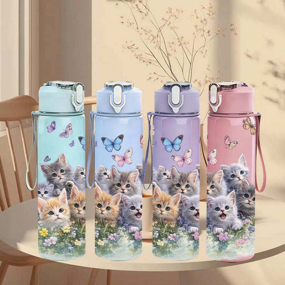 1 Stück Mehrrassen-Kätzchen Florale Collage 750ml Farbe Kunststoff-Wasserflasche Auslaufsicherer Klappdeckel mit Strohhalm Für Sport, Büro, Heimgebrauch