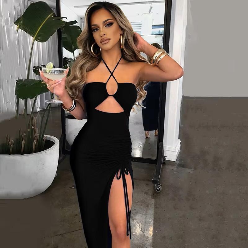 Sleeveless Sexy Slim Female Midi Dress Slim Hollow Out Backless Shoulder Off Halter Night Club Partywear Clubwear Women Bodycon Elegantes Strap
