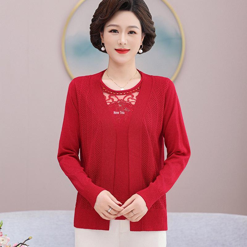

2026 Elegant Two-Piece Jacket Set for Middle-Aged & Elderly Women - Spring/Autumn Long-Sleeved Knitted Top L (80-100 kg) ярко-красный