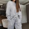 Women's 2Pcs Striped Casual Tracksuit Loose Long Sleeve Top + Wide Leg Pants Set