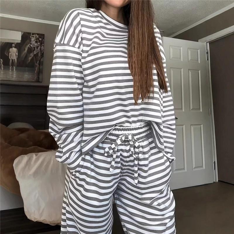 Women's 2Pcs Striped Casual Tracksuit Loose Long Sleeve Top + Wide Leg Pants Set