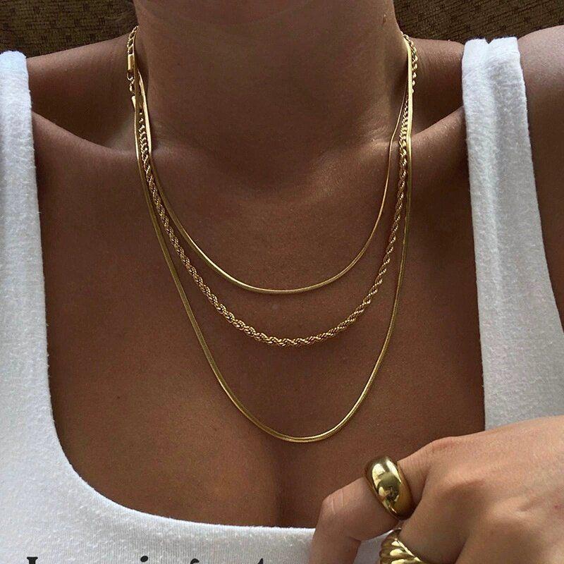

INS Bloggers Same Style Street Shot Titanium Steel Electroplated 18K Necklace Gold Three Layer Necklace