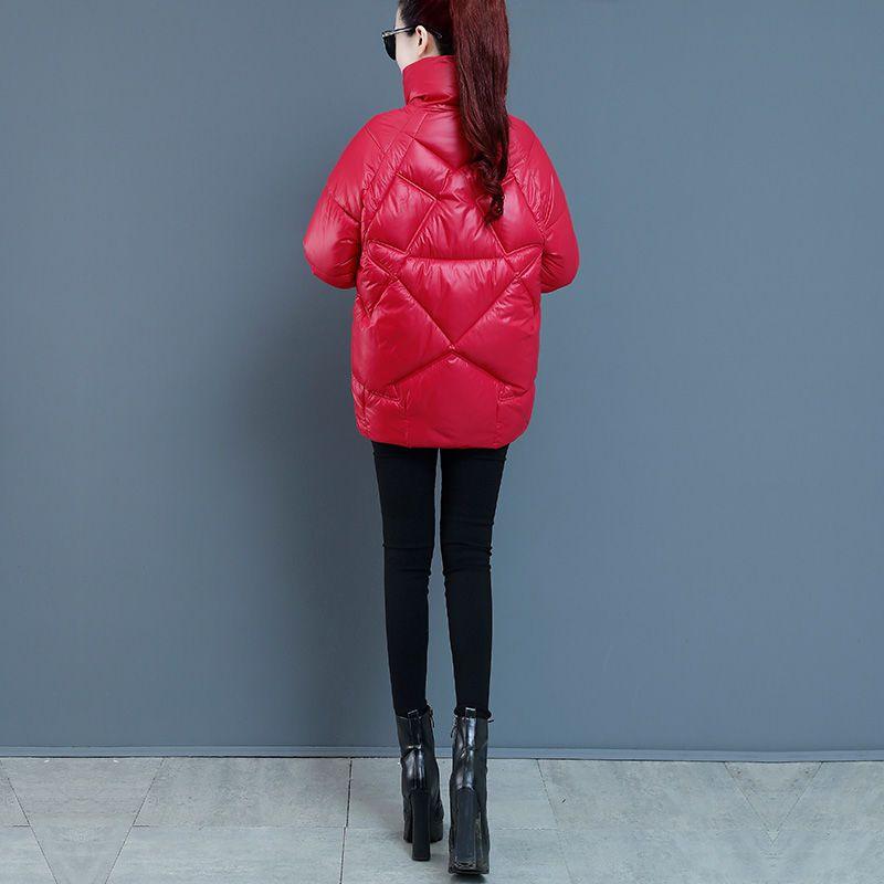 Women's Short Warm Jacket Puffy Zipper Shiny Warm Jacket Standing Collar Plus Size Lined Filled Cotton Jacket