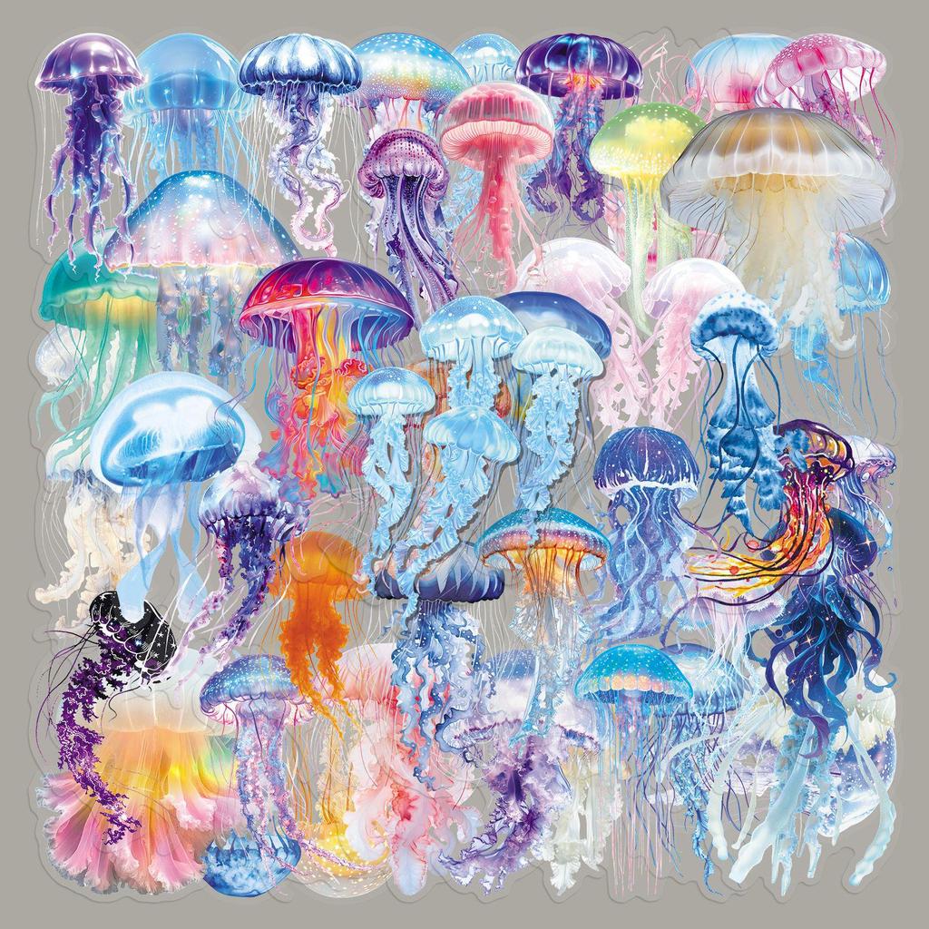 50 Transparent Jellyfish Cartoon Fun Stickers: Creative, Waterproof for Guitar, Fridge, Desktop, and Water Cup (50 Sheets)