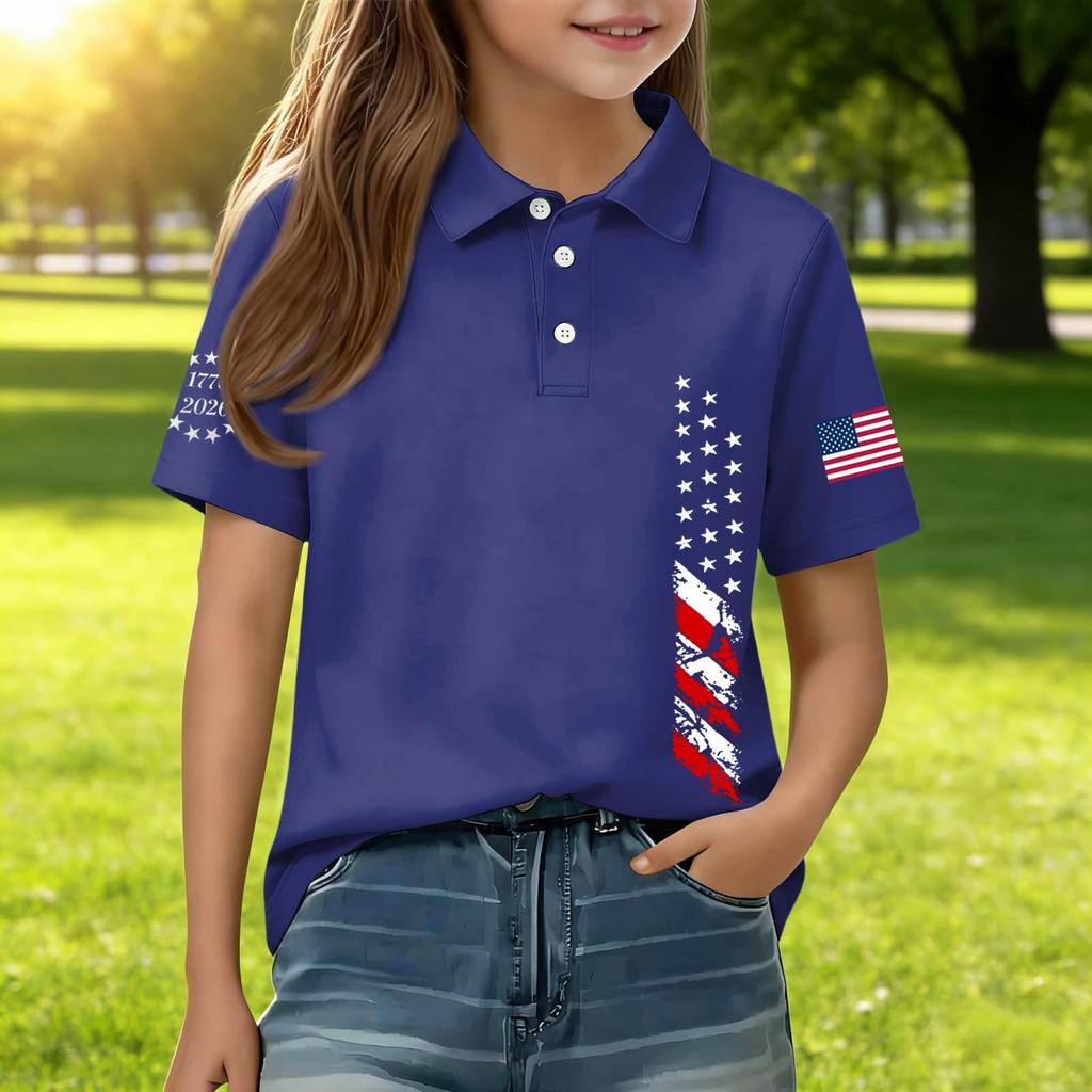 Kids Casual Short Sleeve Polo Shirt with Patriotic Flag Print Lightweight Breathable Cotton Blend Summer Tee for Boys and Girls