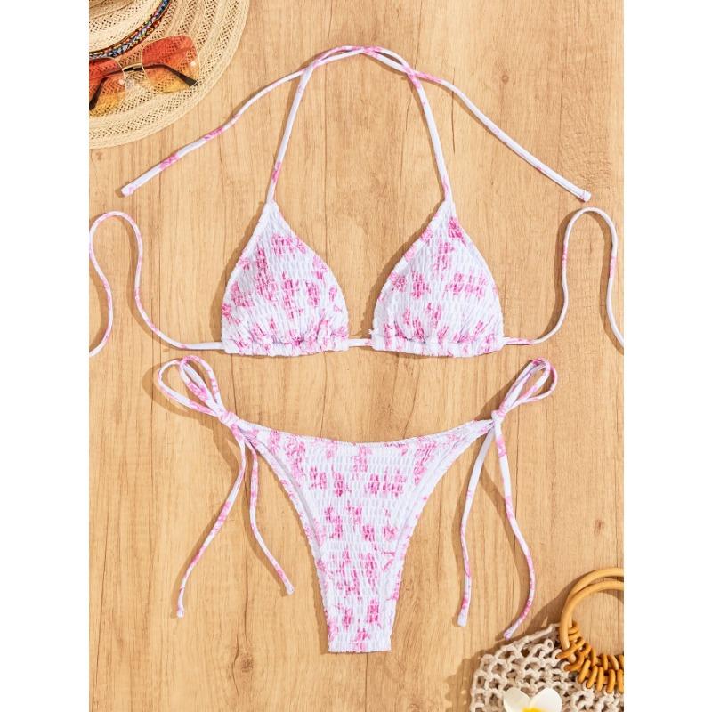 New Sexy Wrap Printed Lace-Up Strap Triangle Cup Bikini Swimsuit Set Split
