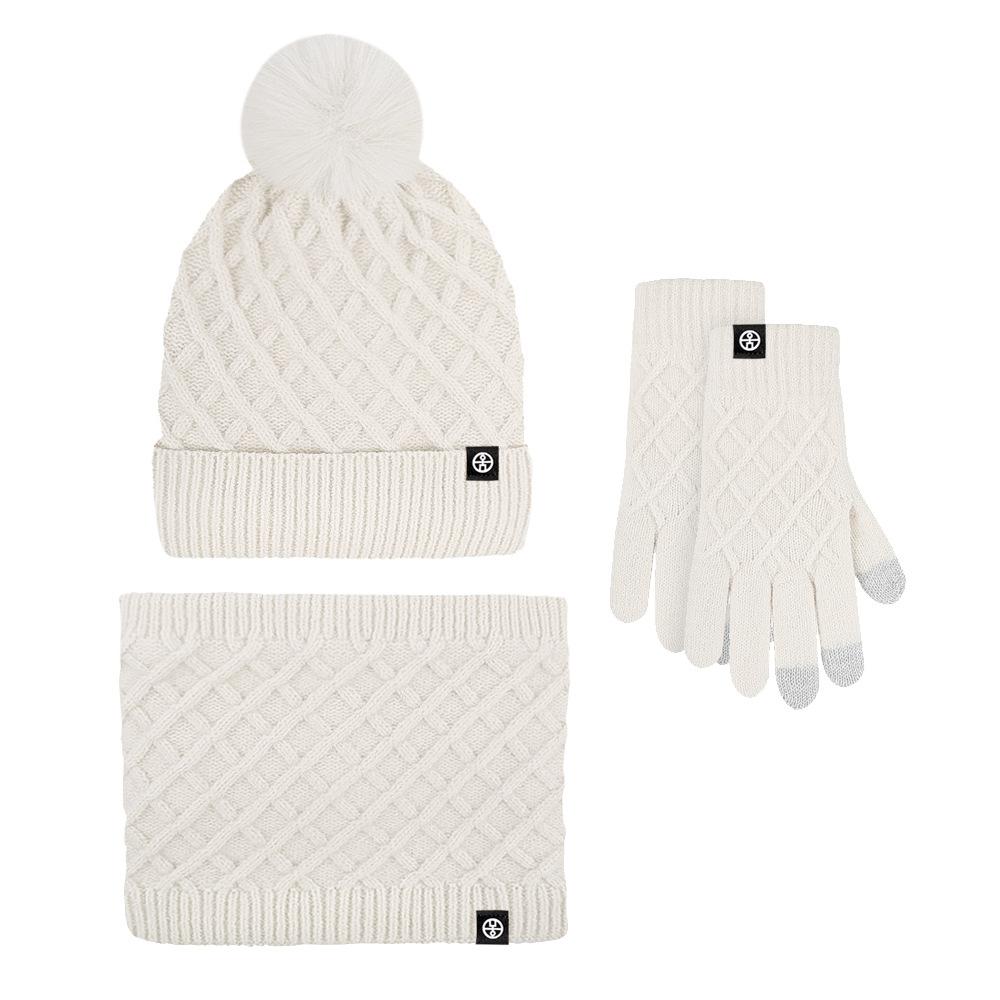 Winter Warm Hat, Scarf, Gloves, Knitted Three-piece Set, Piled Thickened Pattern Hairball Ear Protection Hat, Cold Protection Set