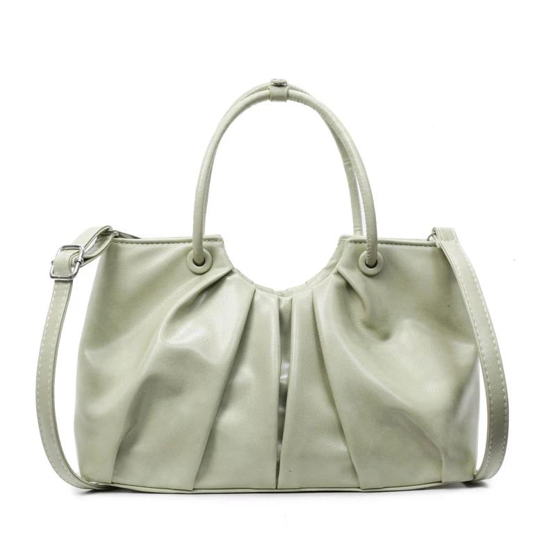 Vintage Pleated Women Crossbody Bag Fashion Pu Leather Tote Bucket Bag Large Capacity Commuting Shoulder Handbag