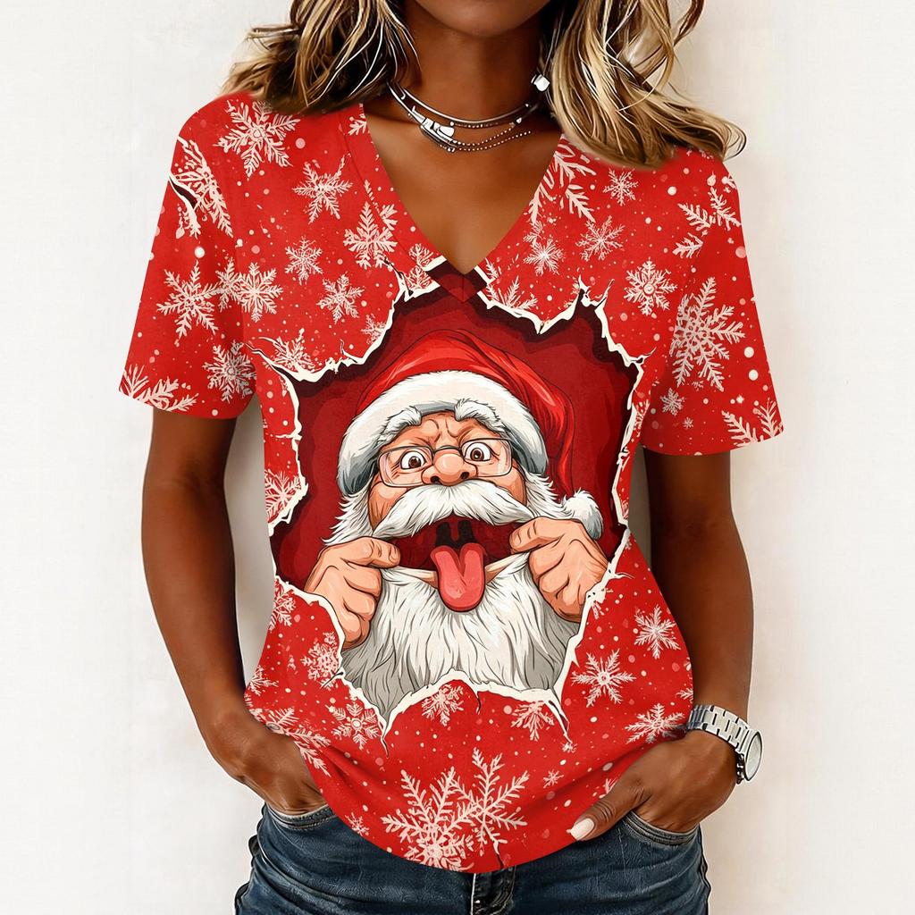 Women's Casual Short Sleeve V-Neck Christmas Print Pullover Top
