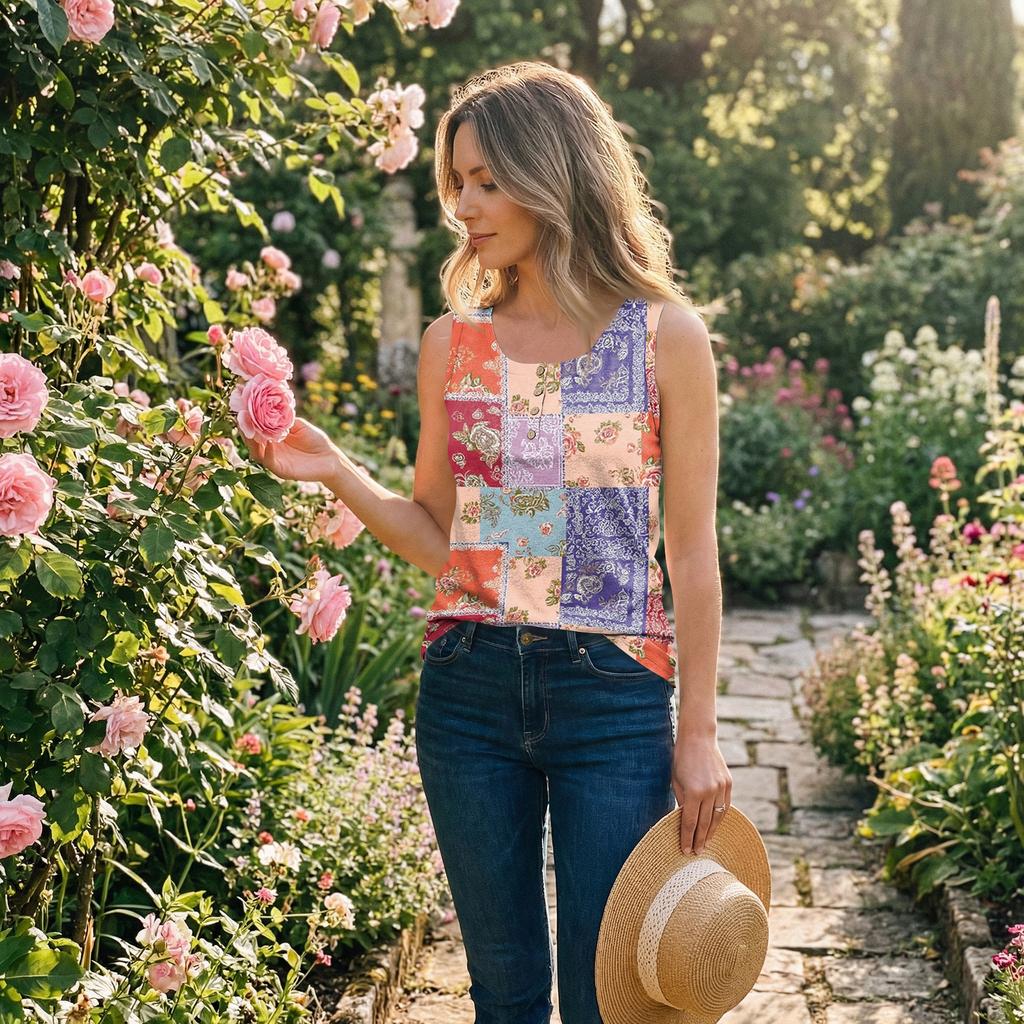 Women Sleeveless U Neck Button Detail Floral Print Casual Tank Top Lightweight Summer Blouse Patchwork Design