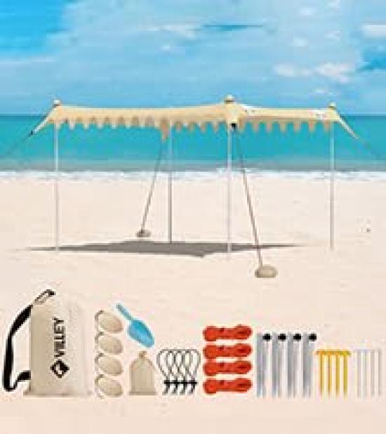 VILLEY Tarp Beach Tarp Beach Sunshade Beach Tent for 4 To 6 People Tarp Tent with 4 Poles UV Protection UV Cut Shading Ventilation Sun Shade Sun