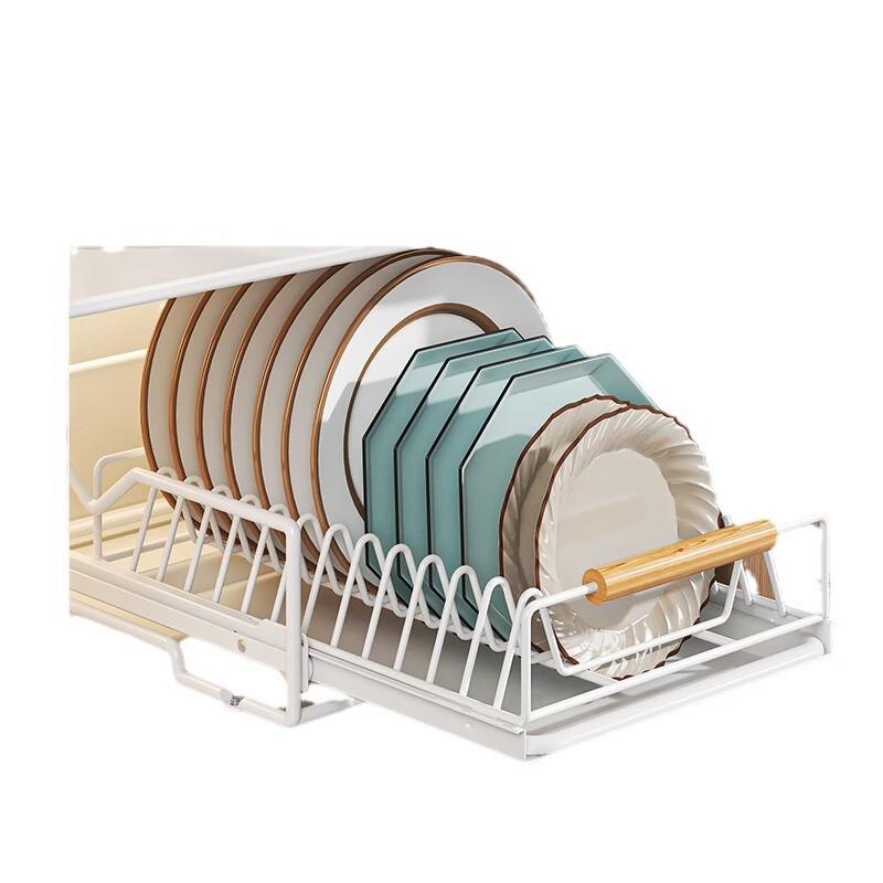 White Single-Layer Pull-Out Cabinet Dish Rack