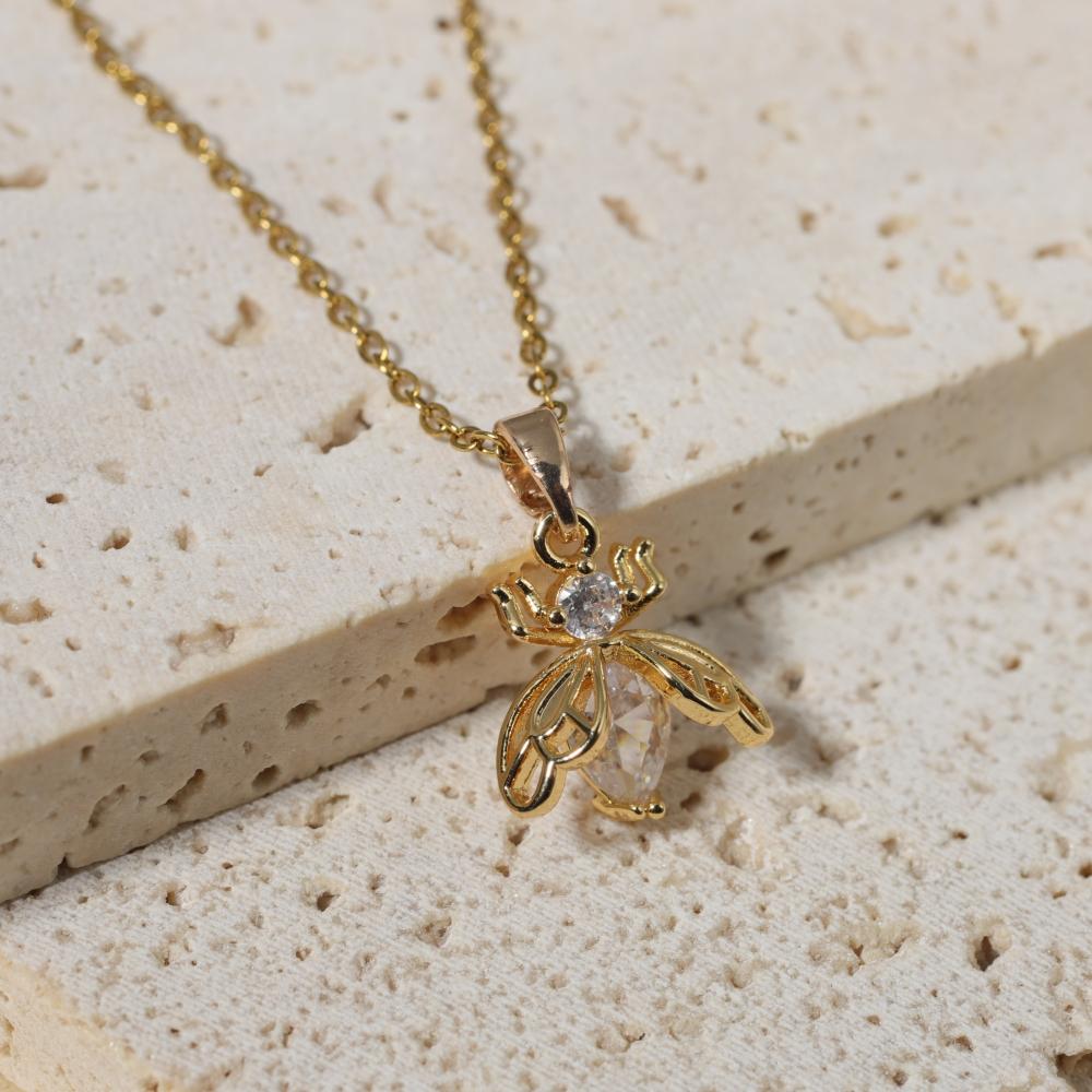 Süße Bienen Zirkonia Anhänger Halsketten für Damen Funkelnde Goldene Edelstahl Halskette Schmuck