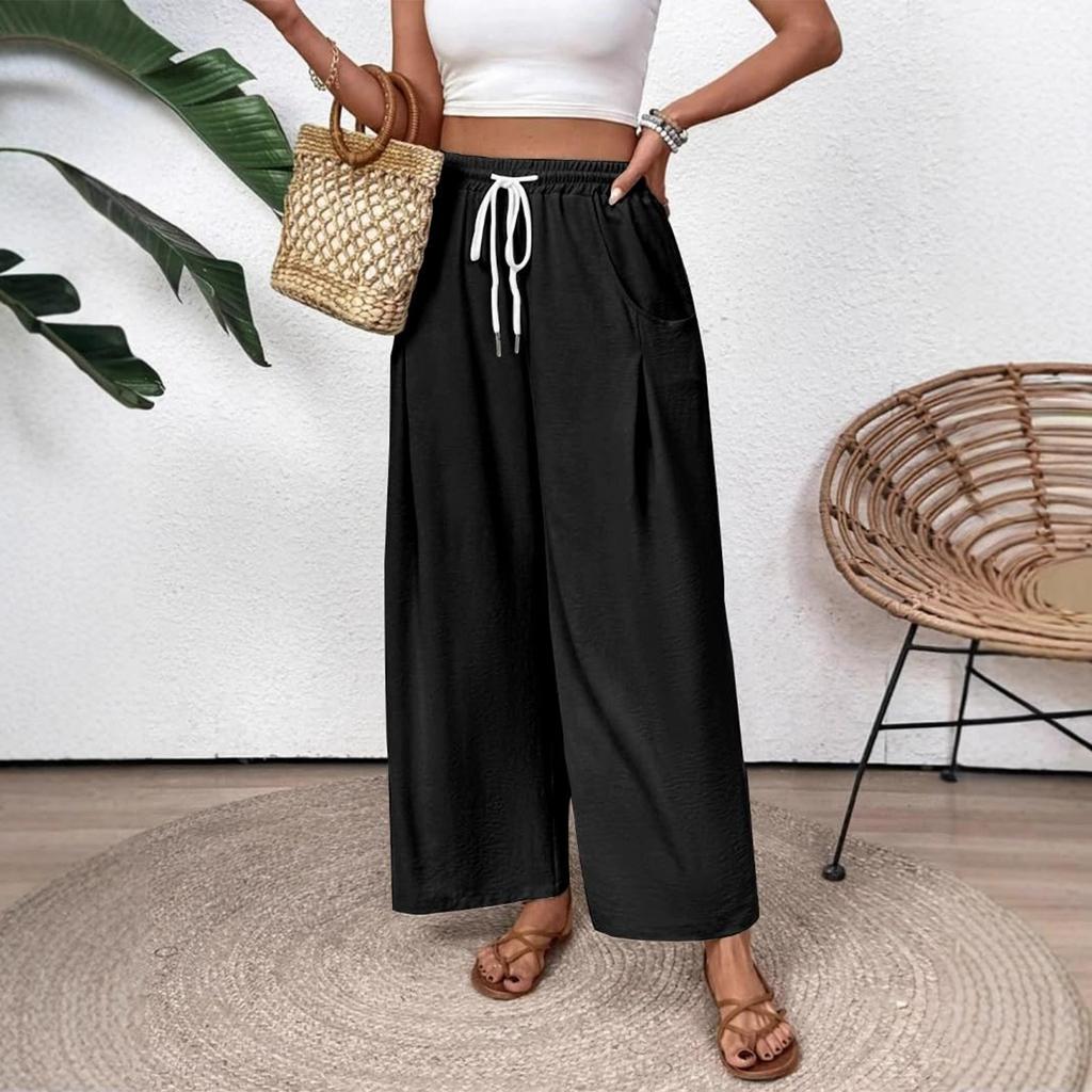 Women's Fashion Solid Color Drawstring High Waist Elastic Waist Pocket Wide Leg Casual Pants
